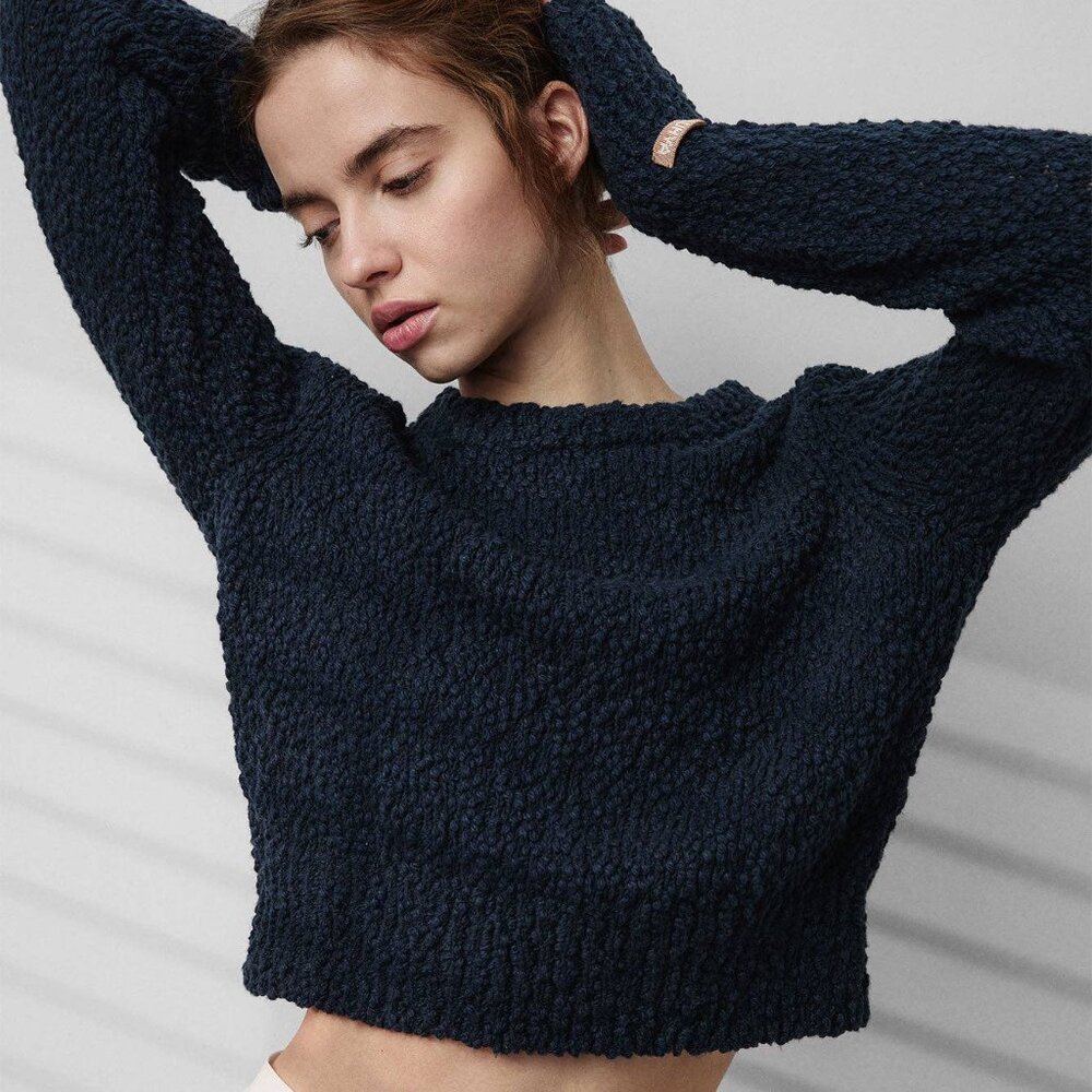Lunya Cropped Cotton Textured Crewneck Knit Navy